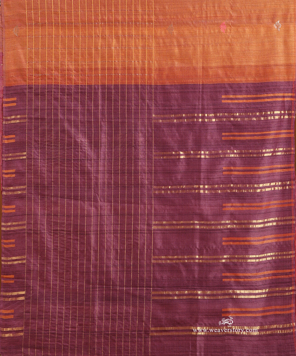 Orange_Handloom_Pure_Tussar_Silk_Saree_With_Gold_And_Silver_Strip_And_Purple_Pallu_WeaverStory_04