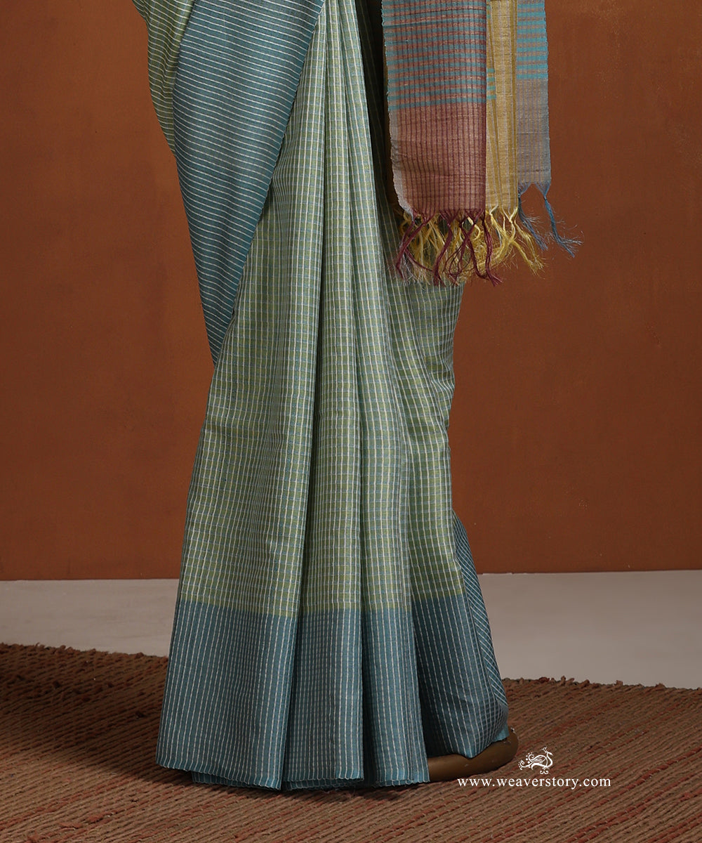 Mustard_Handloom_Pure_Tussar_Silk_Self_Line_Weave_Saree_With_Pista_Pallu_WeaverStory_03
