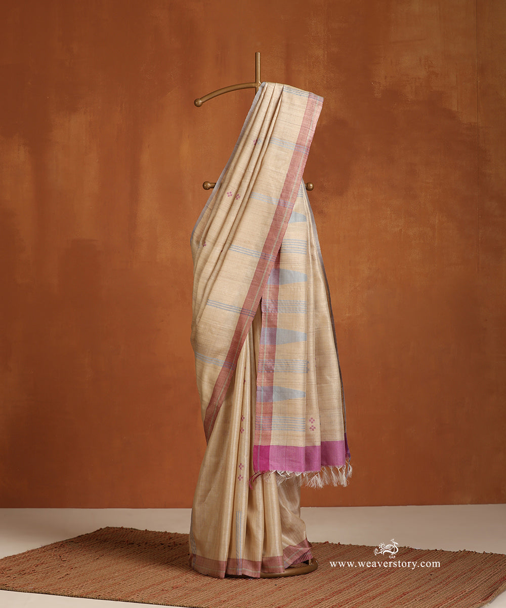 Beige_Handloom_Pure_Tussar_Silk_Saree_With_Temple_Border_WeaverStory_01