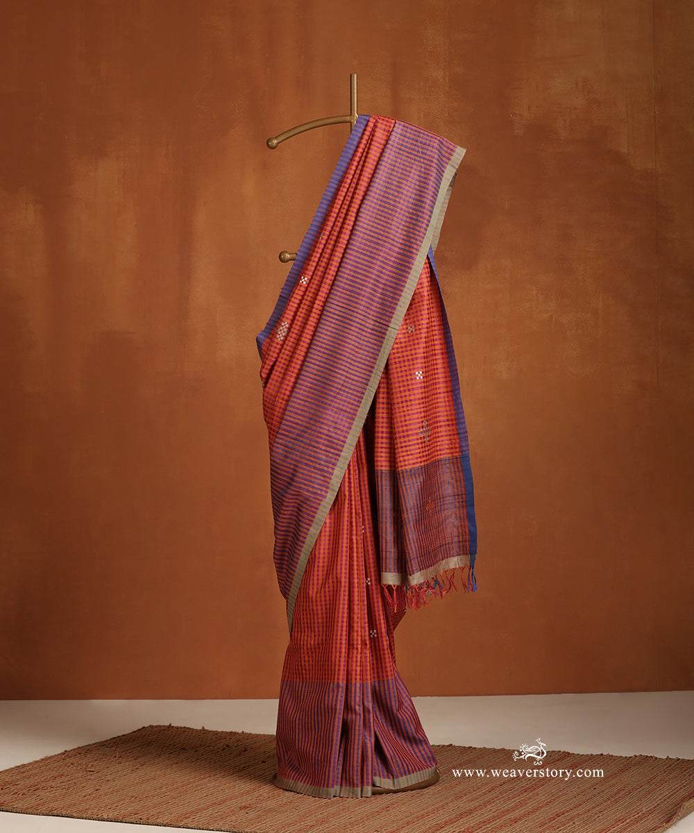 Orange_And_Pink_Handloom_Pure_Tussar_Silk_Checks_Saree_With_Small_Motifs_WeaverStory_01