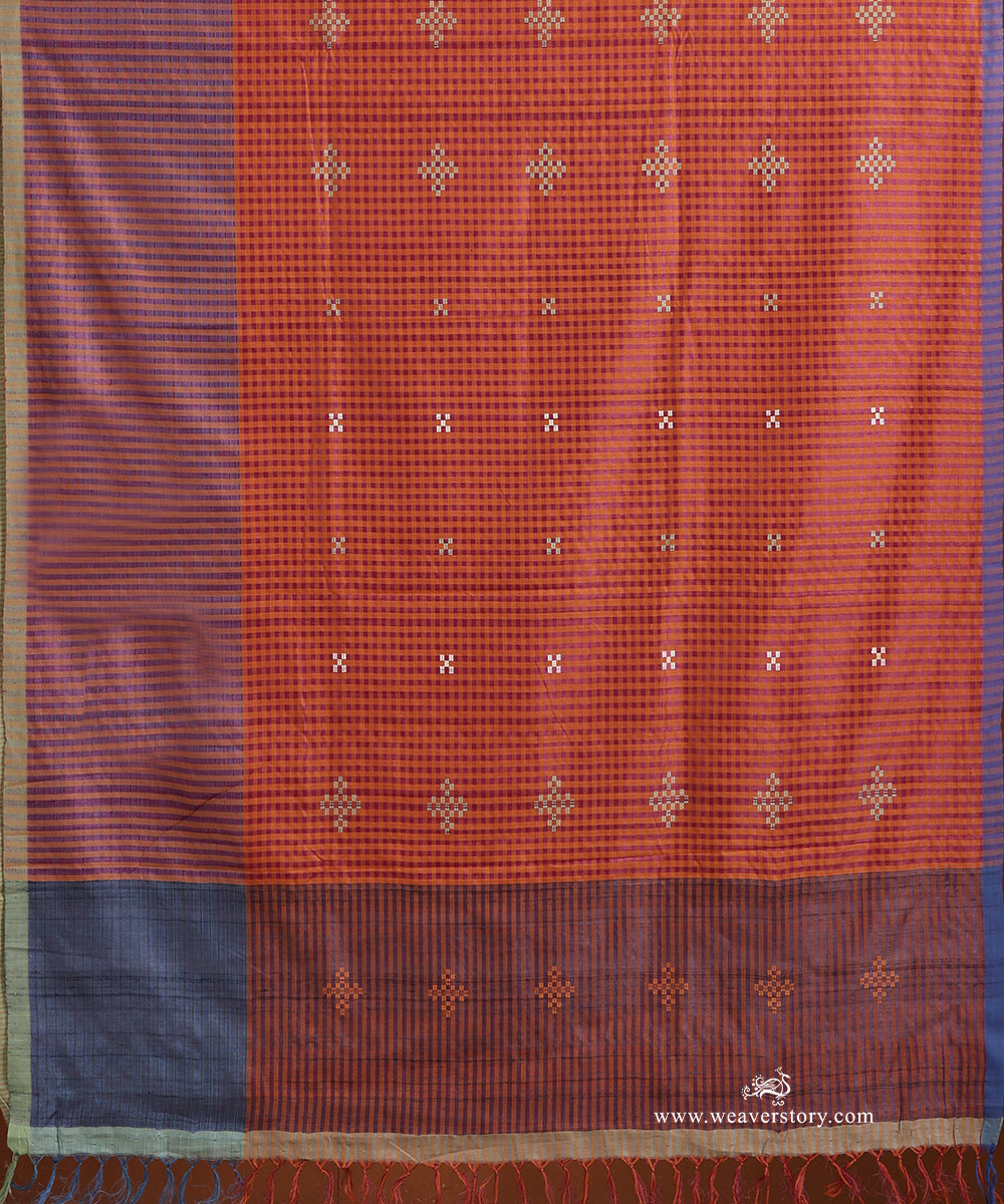 Orange_And_Pink_Handloom_Pure_Tussar_Silk_Checks_Saree_With_Small_Motifs_WeaverStory_04