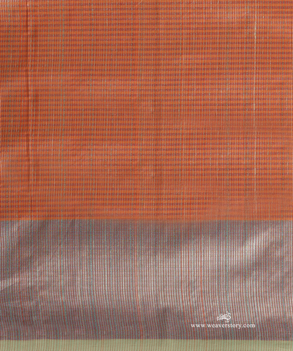 Orange_And_Pink_Handloom_Pure_Tussar_Silk_Checks_Saree_With_Small_Motifs_WeaverStory_05