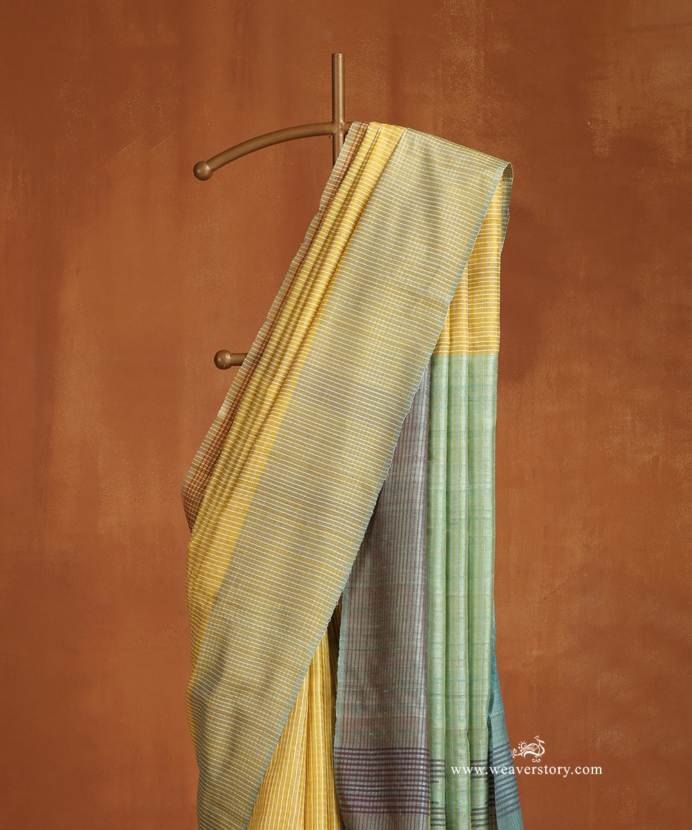 Yellow_Handloom_Pure_Tussar_Silk_Self_Checks_Weave_Border_Saree_With_Pista_Pallu_WeaverStory_02