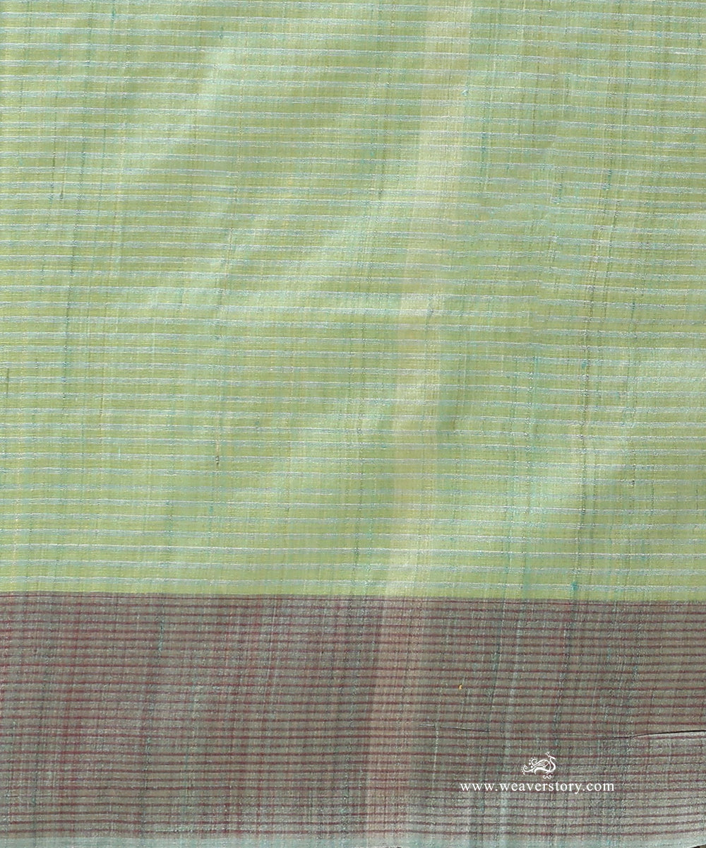 Yellow_Handloom_Pure_Tussar_Silk_Self_Checks_Weave_Border_Saree_With_Pista_Pallu_WeaverStory_05