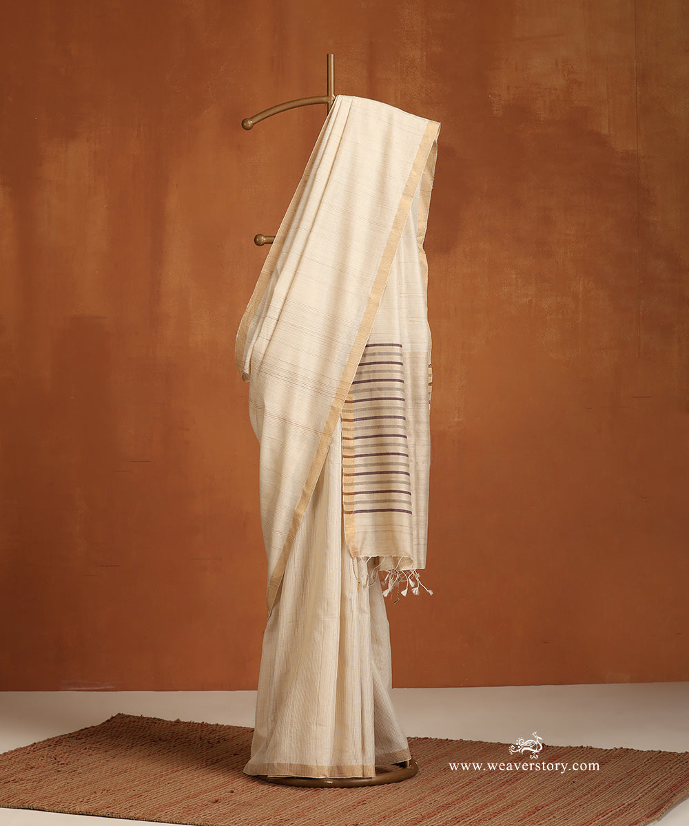 Beige_Handloom_Pure_Tussar_Silk_Saree_With_Thin_Tissue_Border_WeaverStory_01