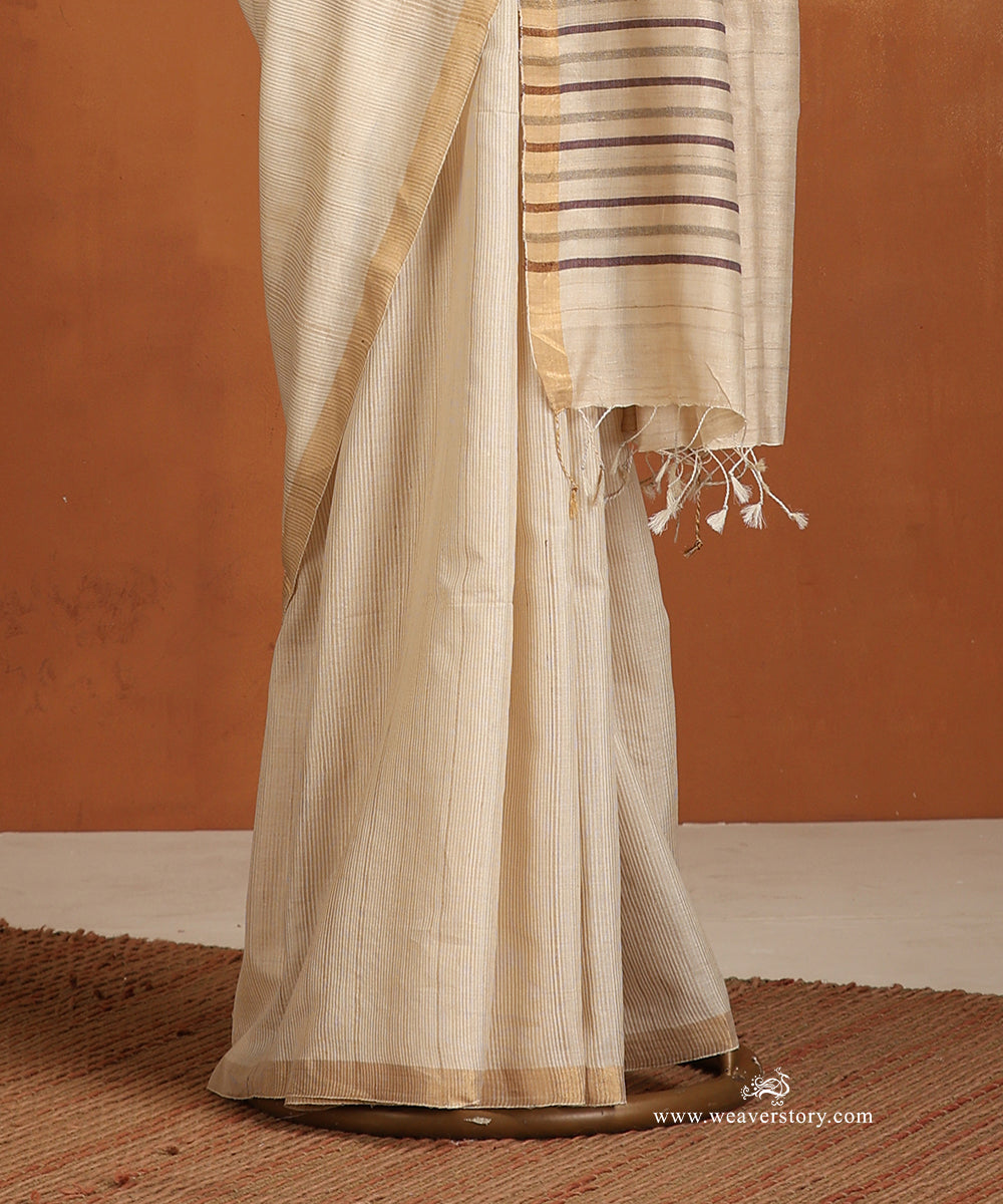 Beige_Handloom_Pure_Tussar_Silk_Saree_With_Thin_Tissue_Border_WeaverStory_03