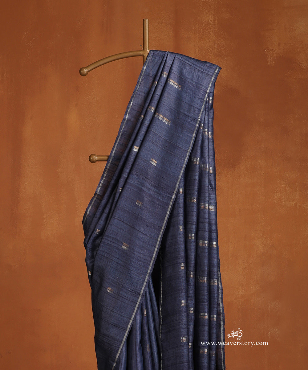 Blue_Handloom_Pure_Tussar_Silk_Saree_With_Gold_And_Silver_Zari_Lines_WeaverStory_02