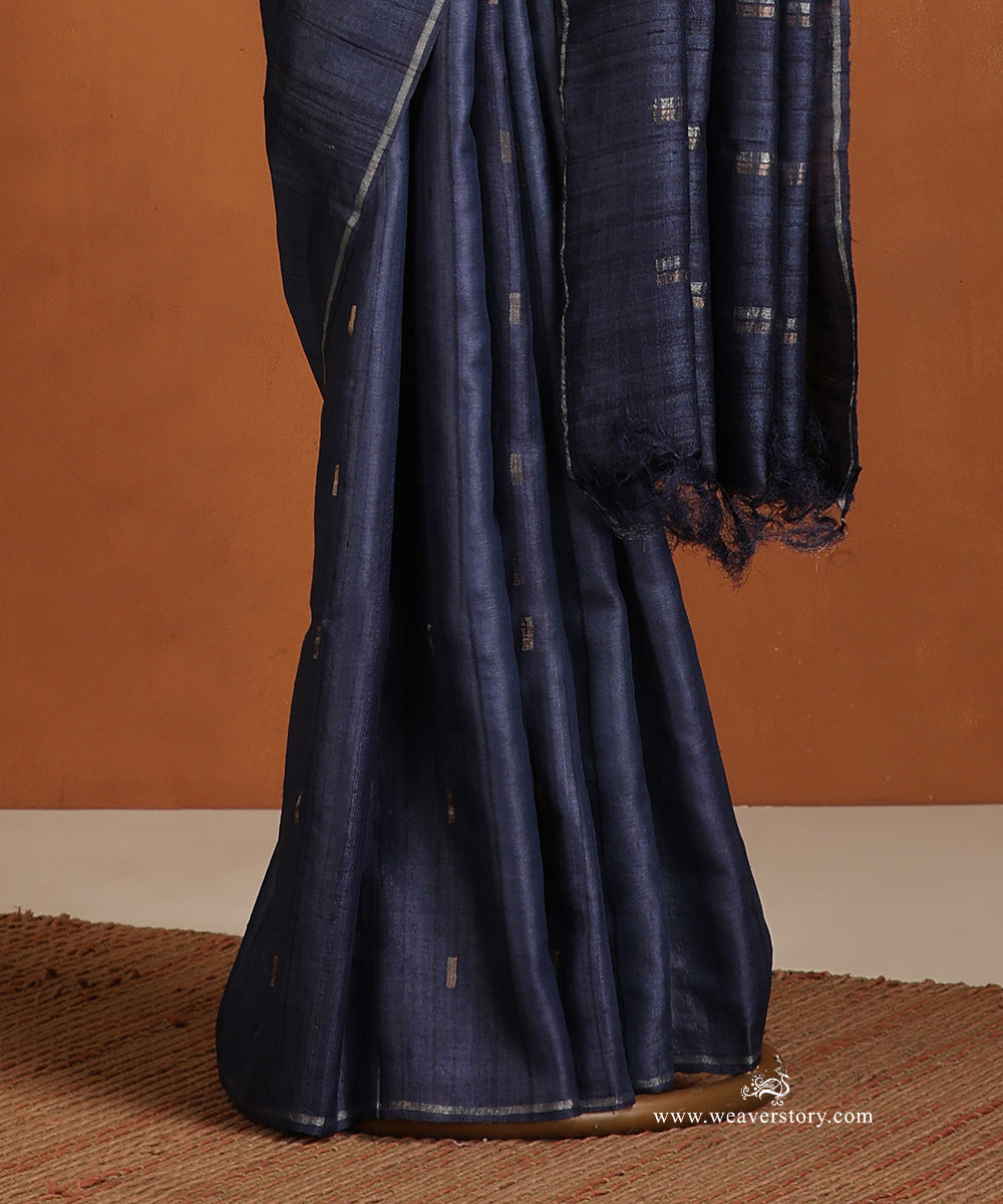 Blue_Handloom_Pure_Tussar_Silk_Saree_With_Gold_And_Silver_Zari_Lines_WeaverStory_03