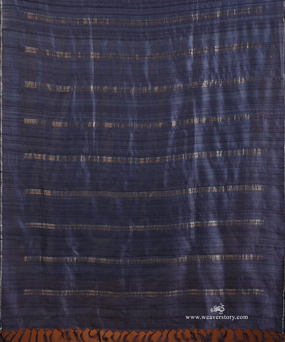 Blue_Handloom_Pure_Tussar_Silk_Saree_With_Gold_And_Silver_Zari_Lines_WeaverStory_04