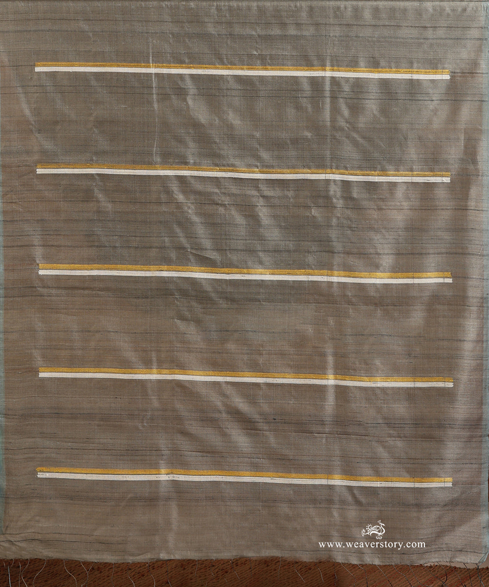 Grey_Handloom_Pure_Tussar_Silk_Saree_With_Yellow_And_White_Threads_Lines_WeaverStory_04