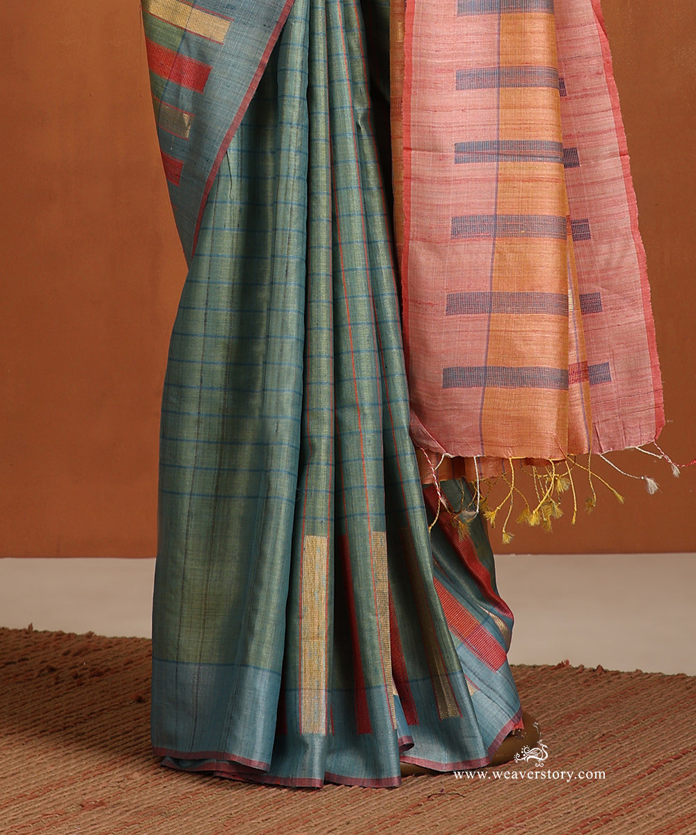 Light_Blue_Handloom_Pure_Tussar_Silk_Saree_With_Light_Blue_Checks_And_Peach_Palla_WeaverStory_03