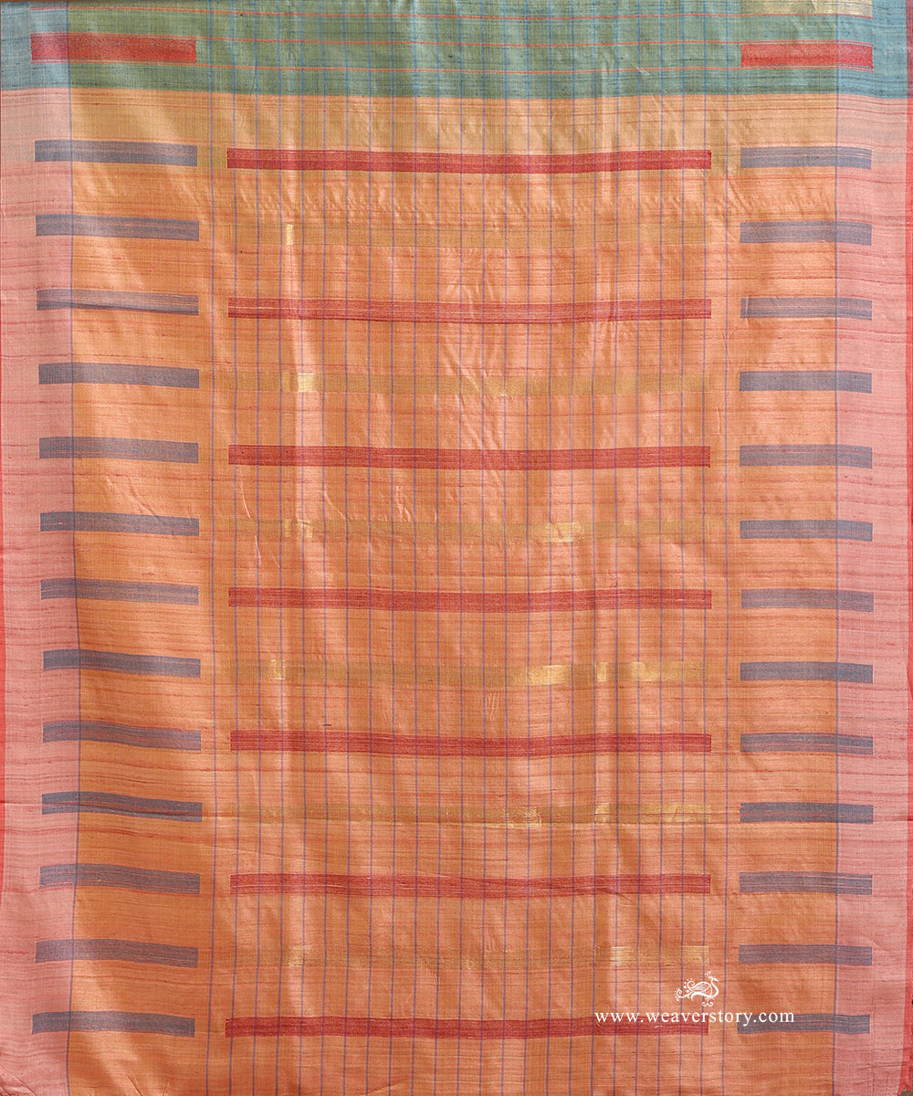 Light_Blue_Handloom_Pure_Tussar_Silk_Saree_With_Light_Blue_Checks_And_Peach_Palla_WeaverStory_04