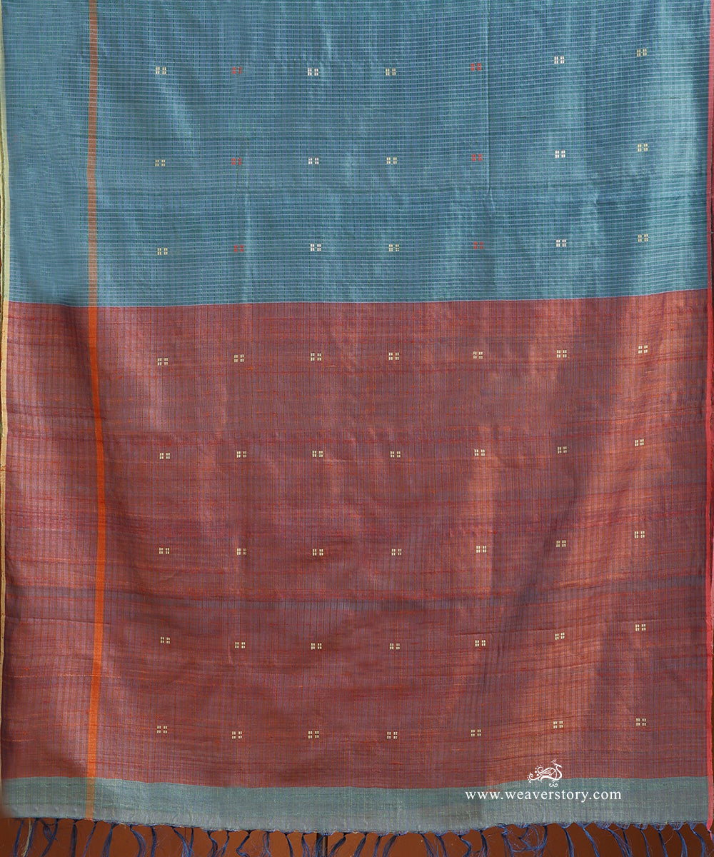 Light_Blue_Handloom_Pure_Tussar_Silk_Saree_With_Rust_Palla_And_Small_Motif_WeaverStory_04