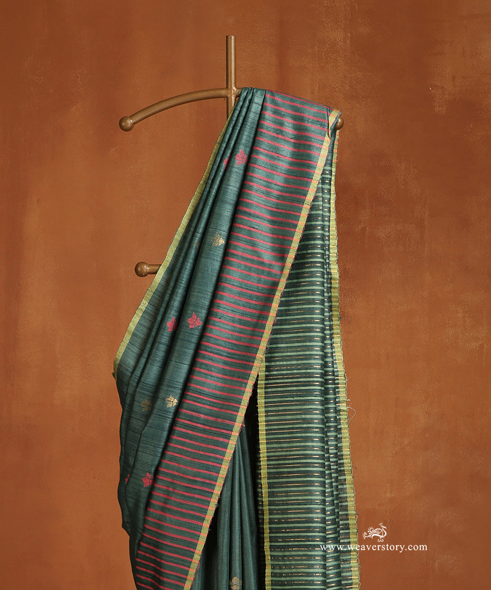 Teal_Green_Handloom_Pure_Tussar_Silk_Saree_With_Small_Flower_Booti_And_Stripe_Palla_WeaverStory_02