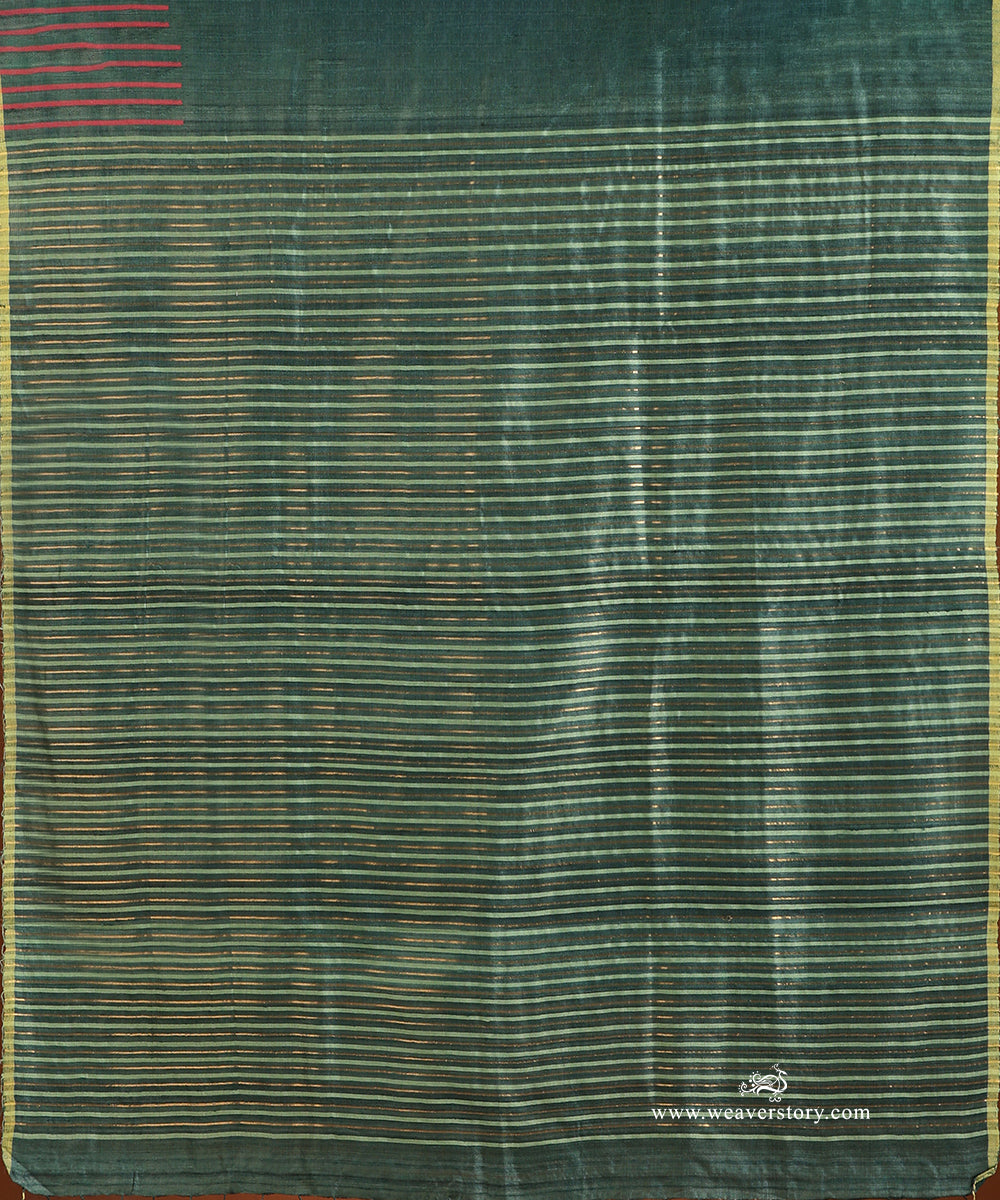 Teal_Green_Handloom_Pure_Tussar_Silk_Saree_With_Small_Flower_Booti_And_Stripe_Palla_WeaverStory_04