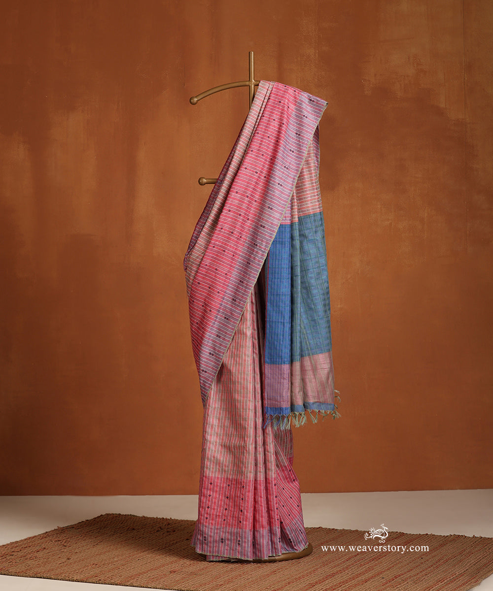 Light_Pink_Handloom_Pure_Tussar_Silk_Self_Checks_Saree_With_Blue_Palla_WeaverStory_01