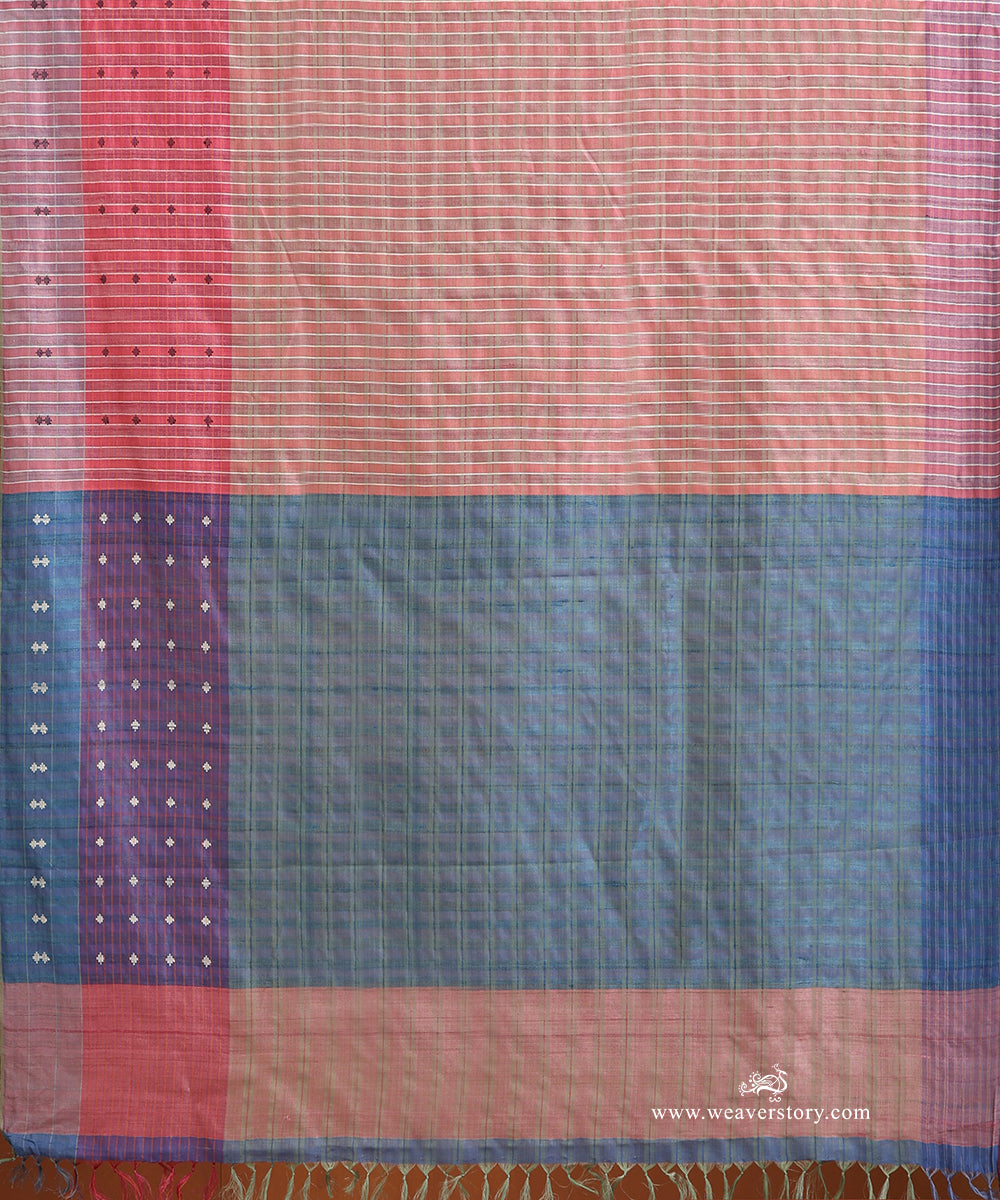 Light_Pink_Handloom_Pure_Tussar_Silk_Self_Checks_Saree_With_Blue_Palla_WeaverStory_04