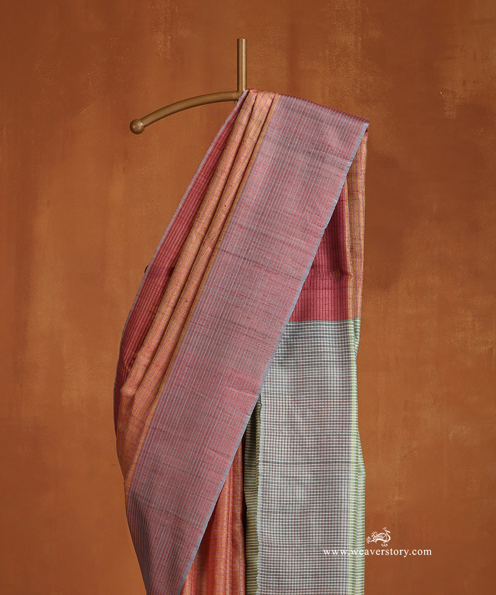 Peach_Handloom_Tussar_Silk_Saree_With_Light_Green_Striped_Palla_WeaverStory_02