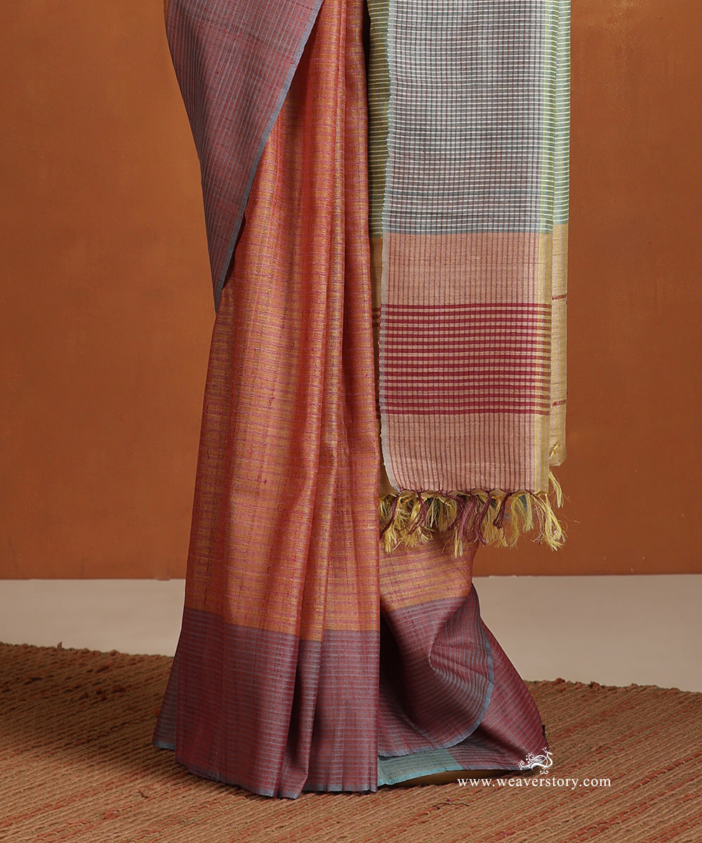 Peach_Handloom_Tussar_Silk_Saree_With_Light_Green_Striped_Palla_WeaverStory_03