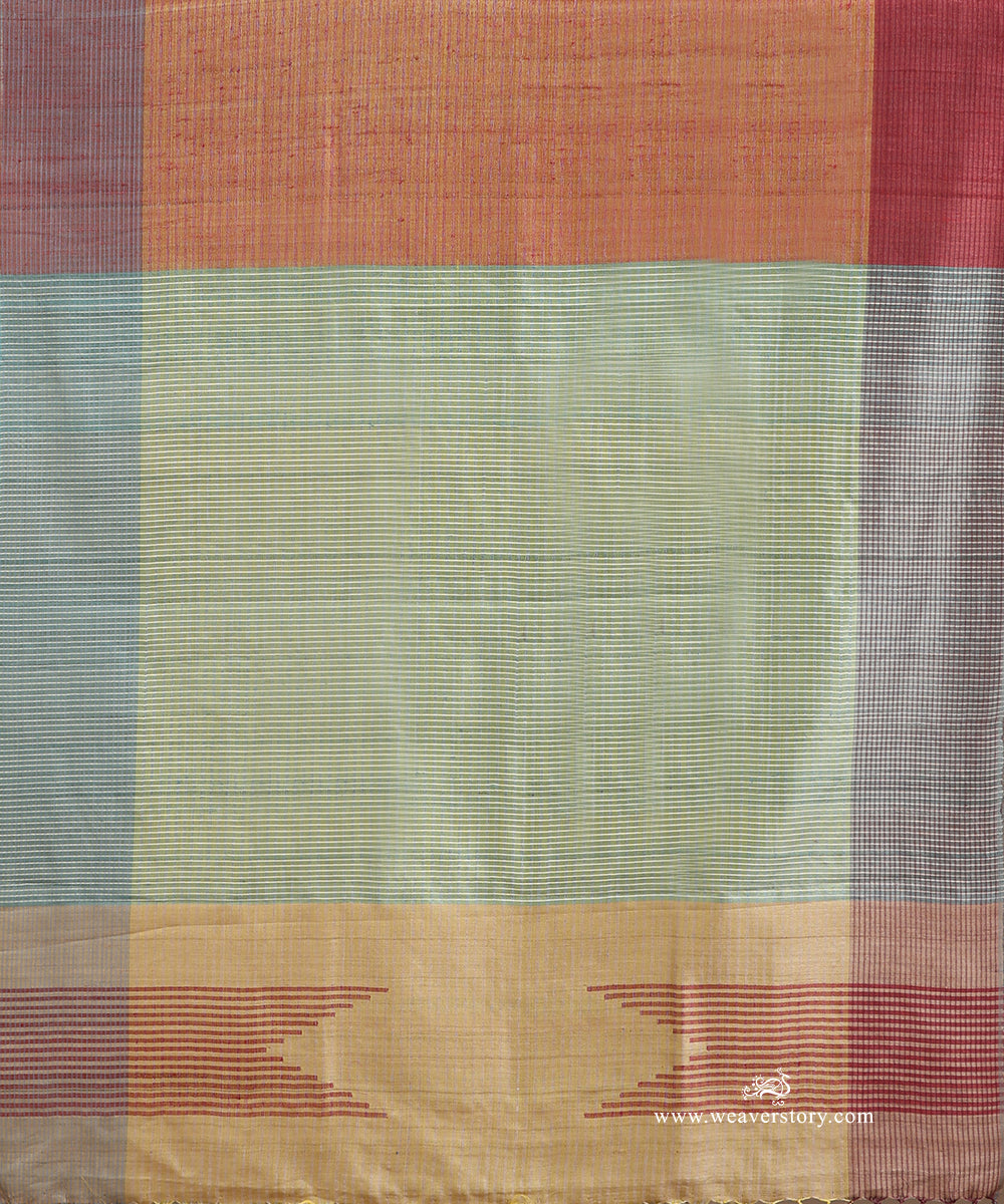 Peach_Handloom_Tussar_Silk_Saree_With_Light_Green_Striped_Palla_WeaverStory_04