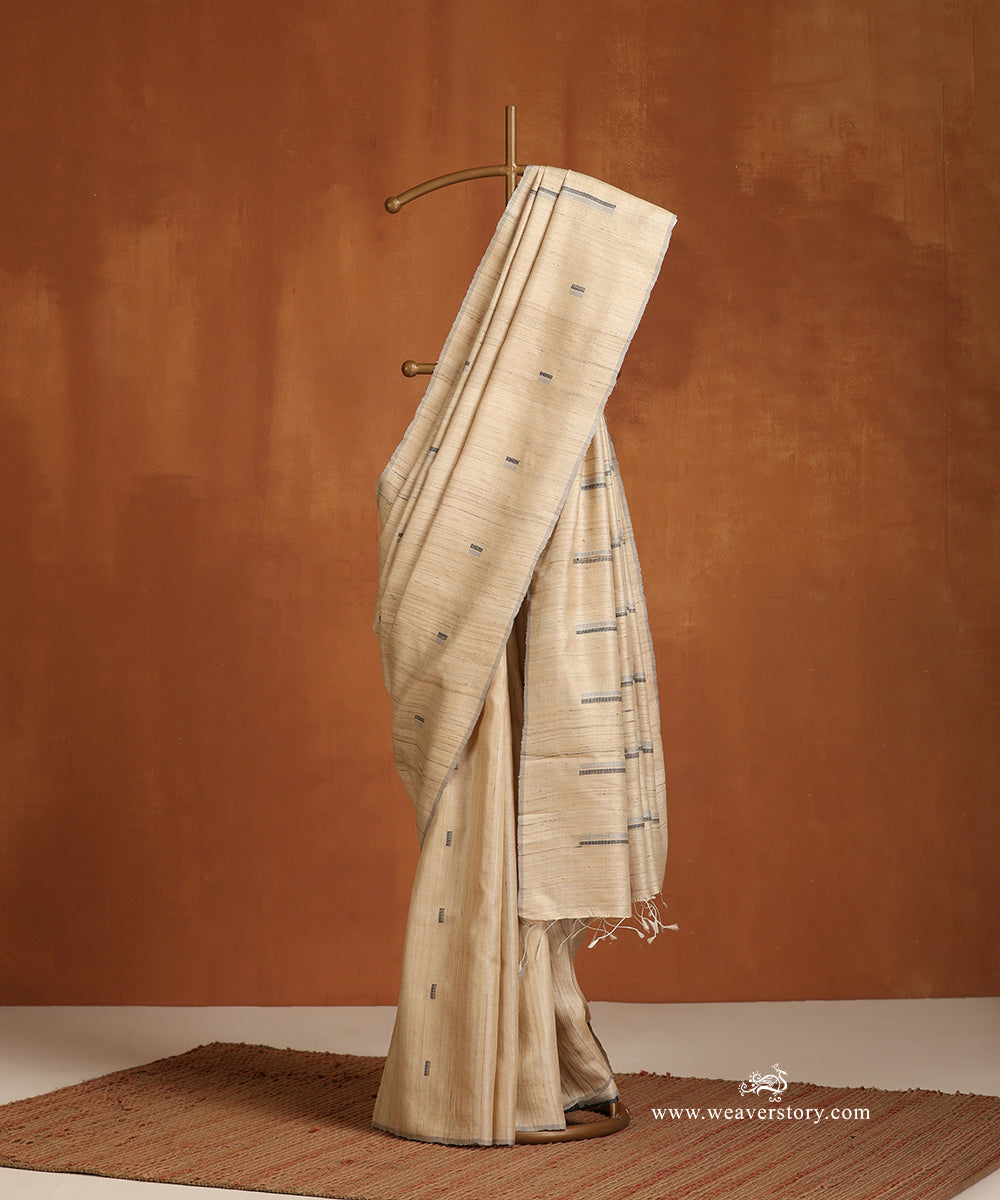 Beige_Handloom_Pure_Tussar_Silk_Saree_With_Grey_And_Black_Lines_WeaverStory_01