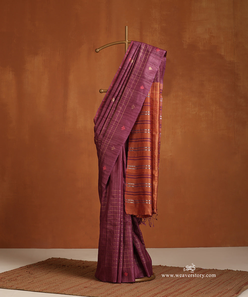 Wine_Handloom_Pure_Tussar_Silk_Saree_With_Gold_Checks_And_Booti_Border_And_Orange_Palla_WeaverStory_01
