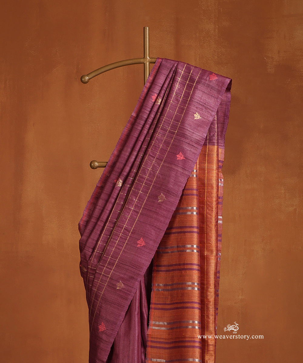 Wine_Handloom_Pure_Tussar_Silk_Saree_With_Gold_Checks_And_Booti_Border_And_Orange_Palla_WeaverStory_02