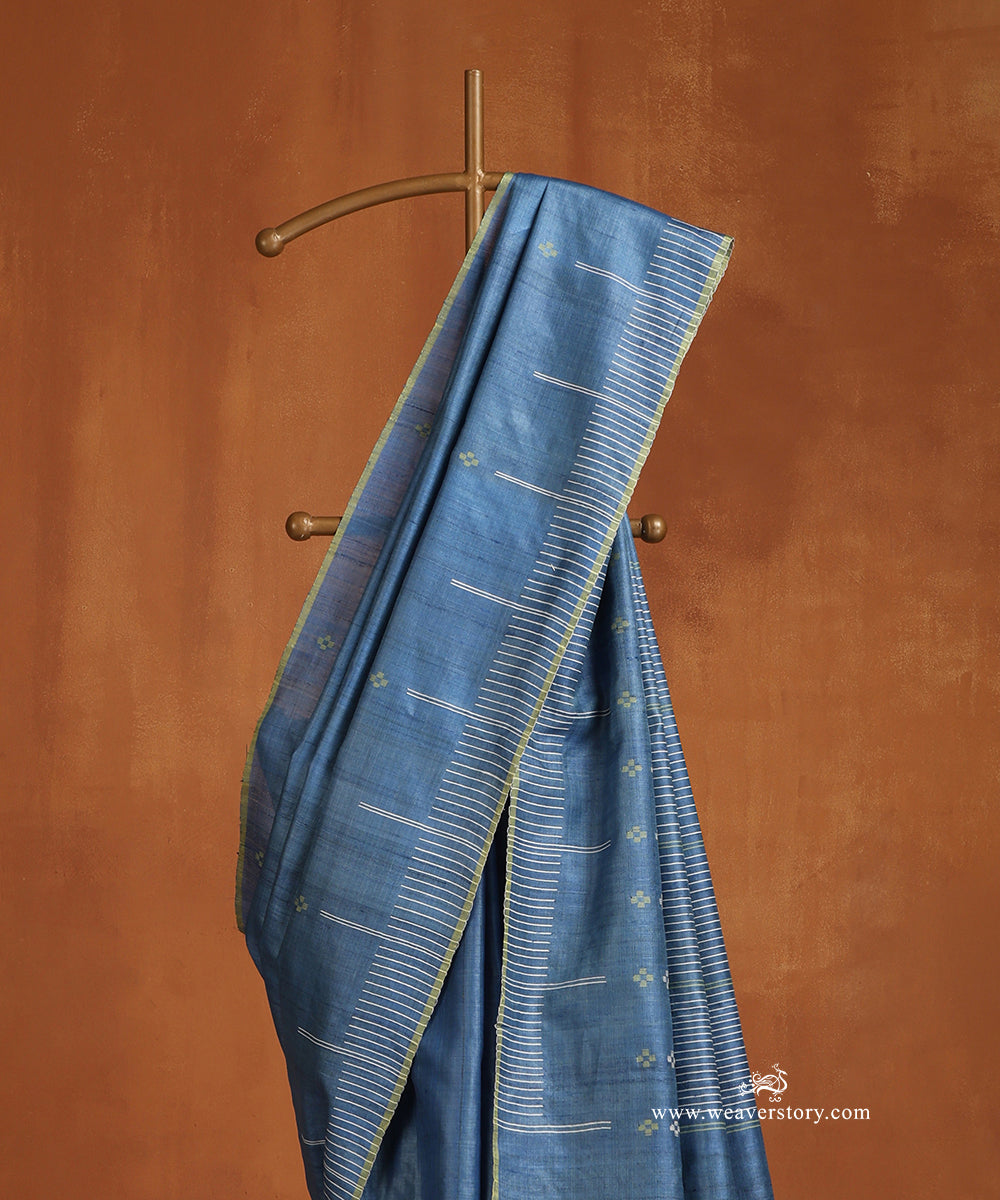 Dusty_Indigo_Handloom_Pure_Tussar_Silk_Saree_With_White_Thread_Line_Border_WeaverStory_02