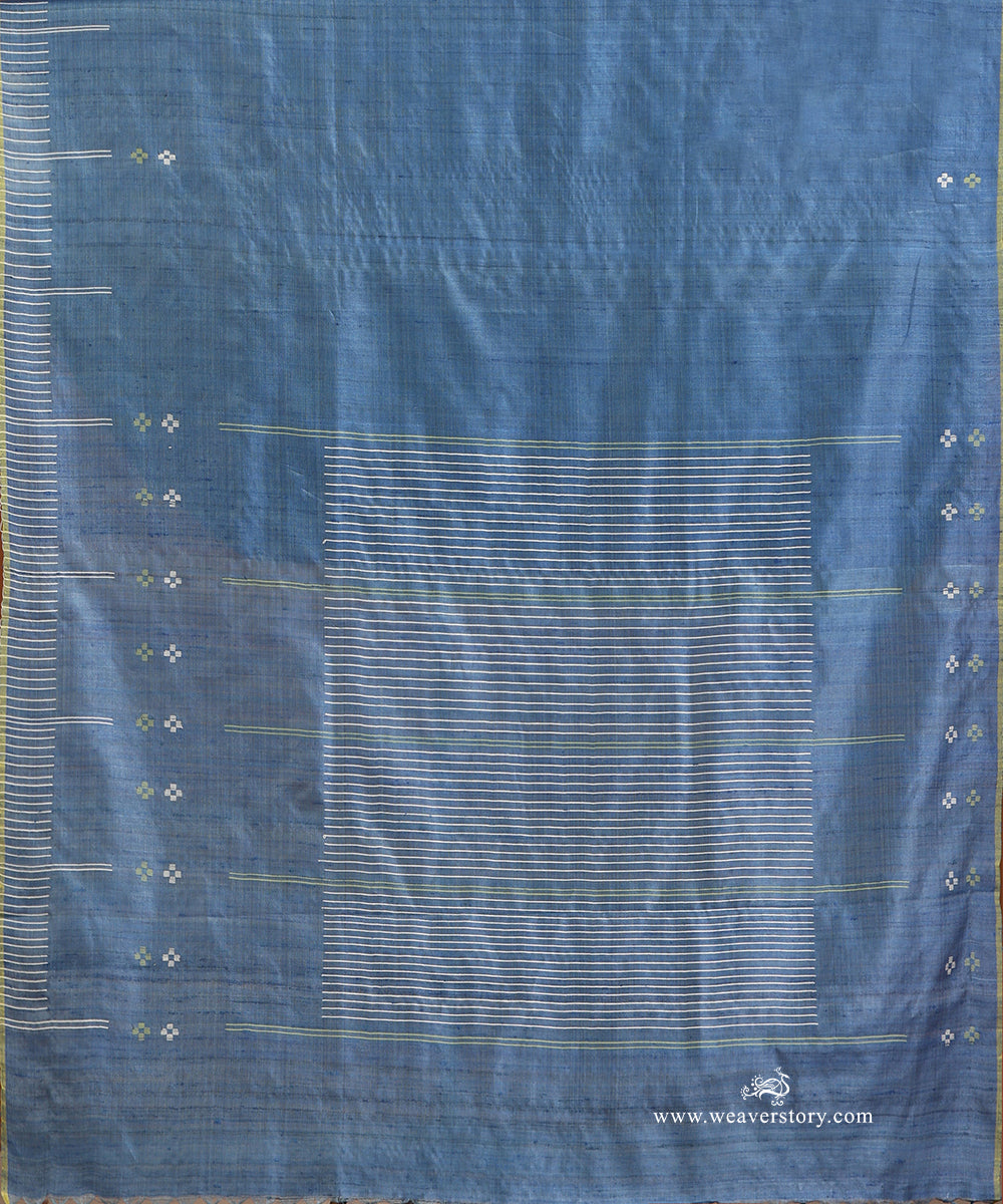 Dusty_Indigo_Handloom_Pure_Tussar_Silk_Saree_With_White_Thread_Line_Border_WeaverStory_05