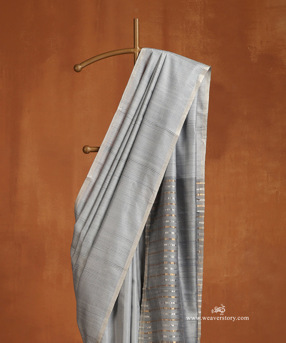 Steel_Grey_Handloom_Pure_Munge_Silk_Self_Stripe_Saree_With_Tussar_Palla_WeaverStory_02
