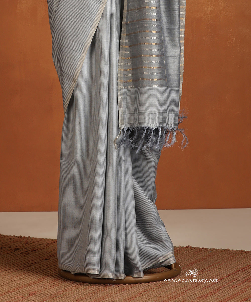 Steel_Grey_Handloom_Pure_Munge_Silk_Self_Stripe_Saree_With_Tussar_Palla_WeaverStory_03