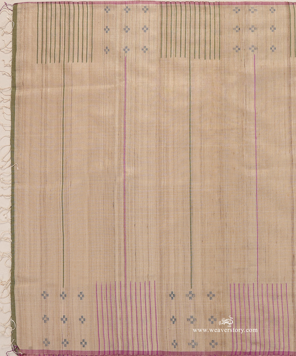 Beige_Handloom_Pure_Tussar_Silk_Dupatta_With_Pink_Thread_Line_Border_And_Blue_Motifs_WeaverStory_02