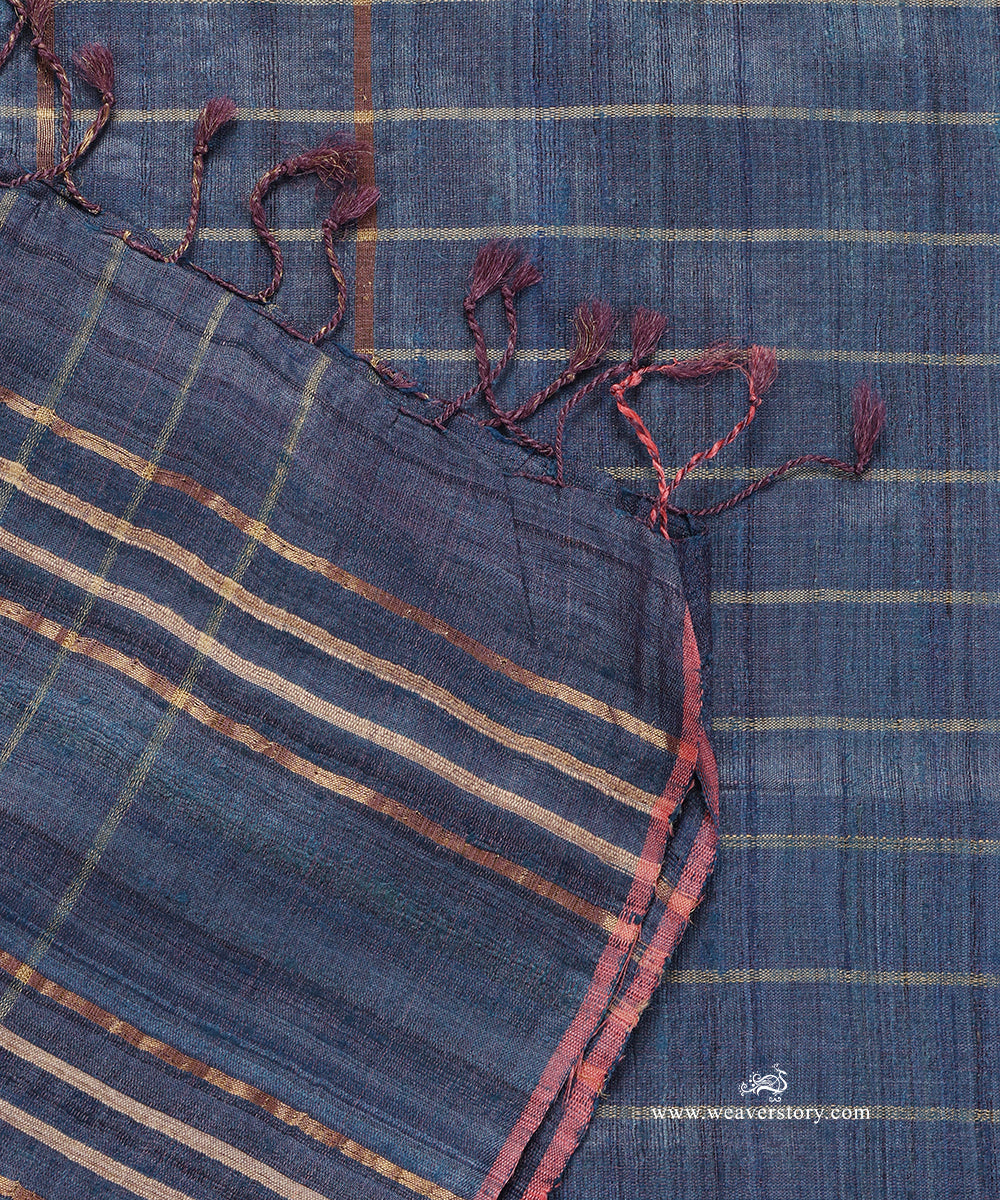 Midnight_Blue_Handloom_Pure_Tussar_Silk_Dupatta_With_Flower_Motif_WeaverStory_04
