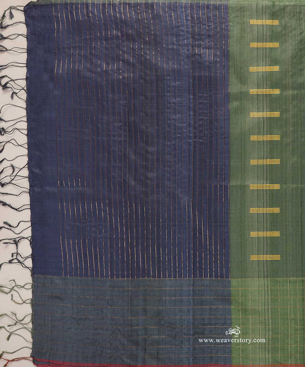 Olive_Green_Handloom_Pure_Tussar_Silk_Dupatta_With_Blue_Stripe_Palla_WeaverStory_02