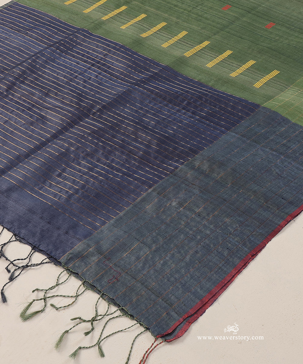 Olive_Green_Handloom_Pure_Tussar_Silk_Dupatta_With_Blue_Stripe_Palla_WeaverStory_03