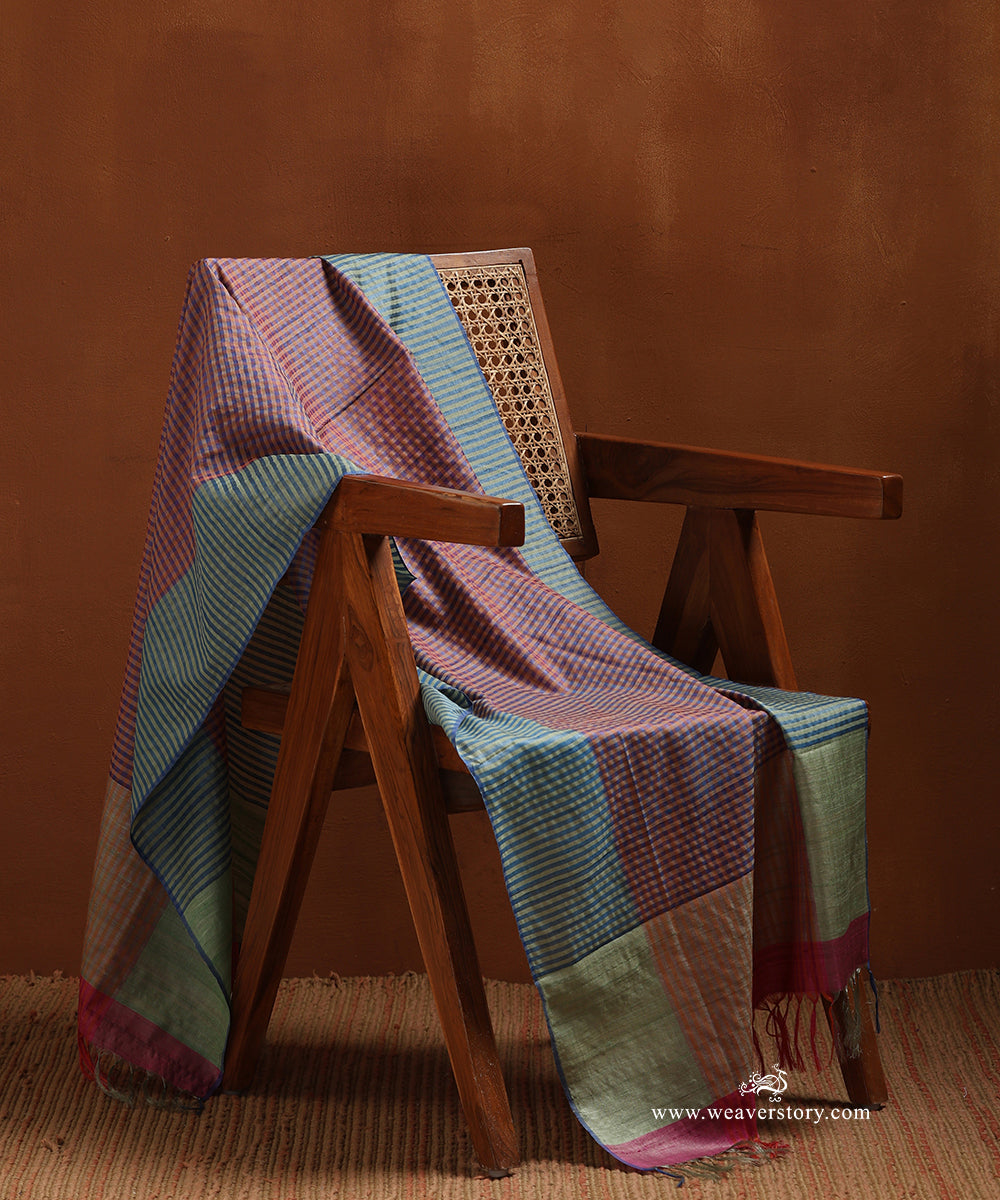 Blue_And_Peach_Handloom_Pure_Tussar_Silk_Checks_Stole_WeaverStory_01
