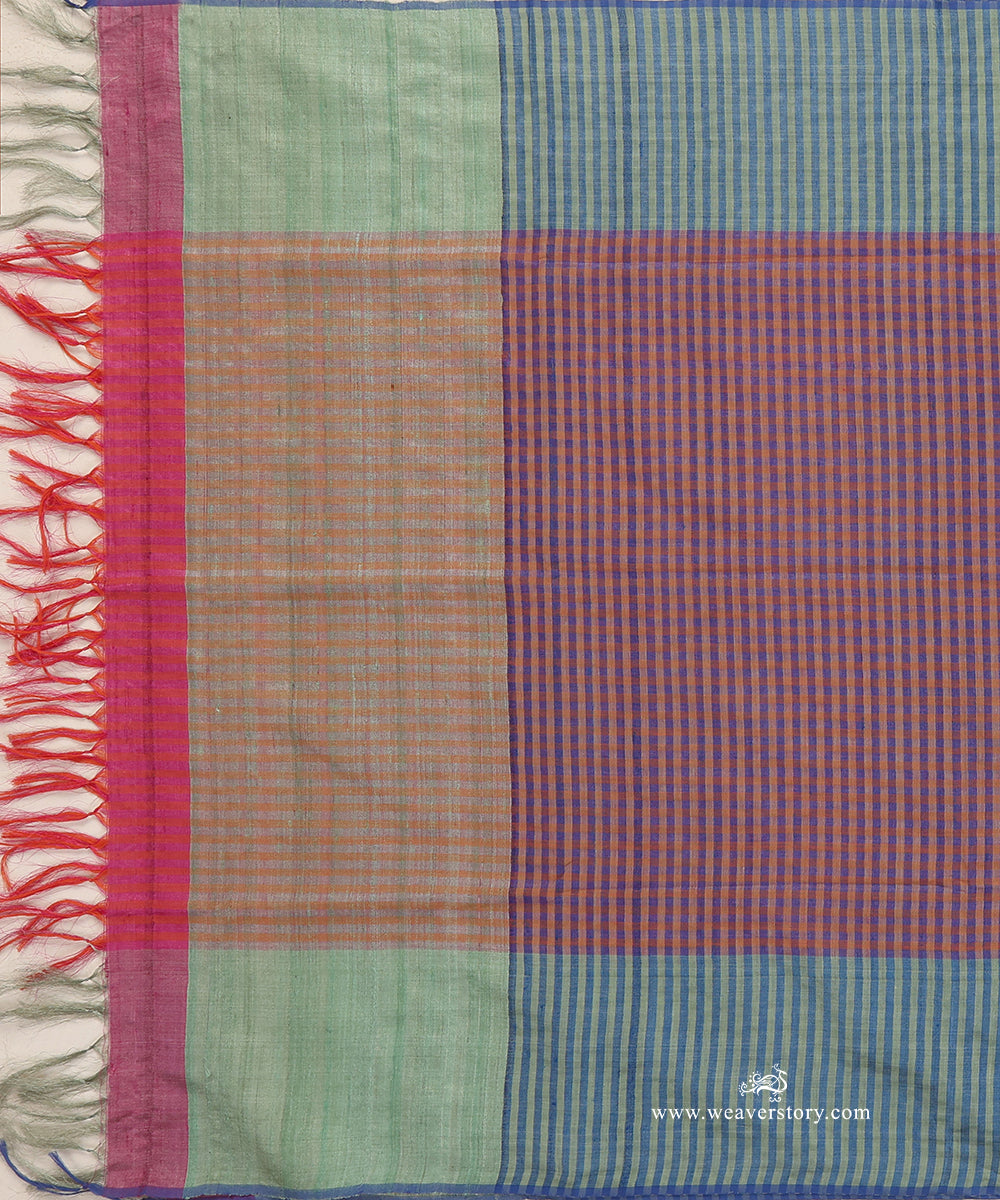 Blue_And_Peach_Handloom_Pure_Tussar_Silk_Checks_Stole_WeaverStory_02