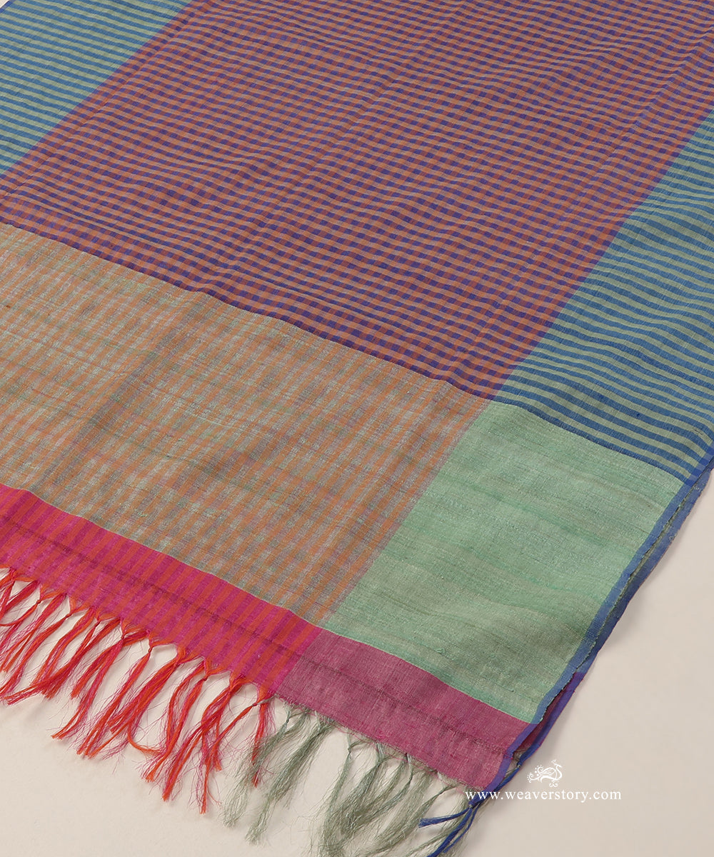 Blue_And_Peach_Handloom_Pure_Tussar_Silk_Checks_Stole_WeaverStory_03