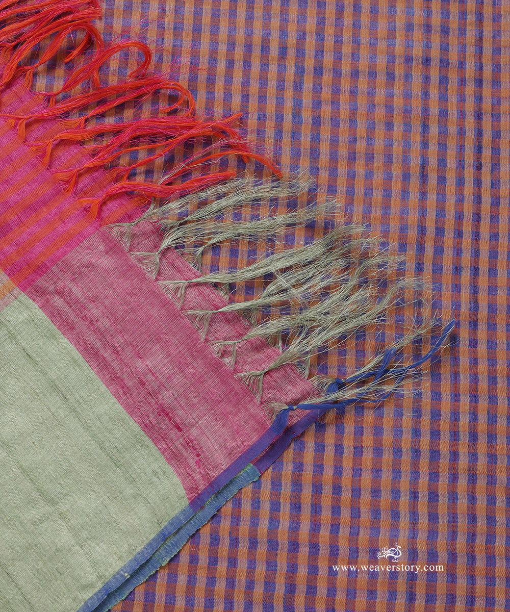 Blue_And_Peach_Handloom_Pure_Tussar_Silk_Checks_Stole_WeaverStory_04