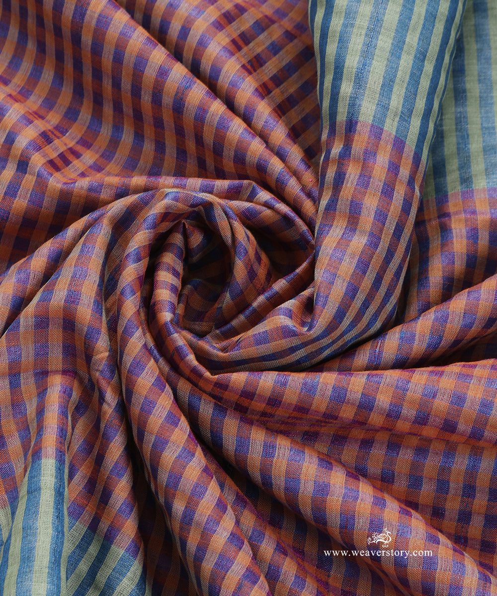 Blue_And_Peach_Handloom_Pure_Tussar_Silk_Checks_Stole_WeaverStory_05