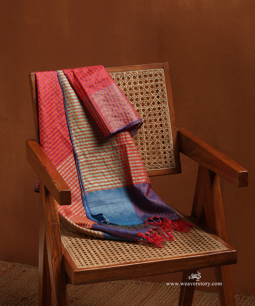 Red_And_Blue_Handloom_Check_Stripe_Pure_Tussar_Silk_Stole_WeaverStory_01