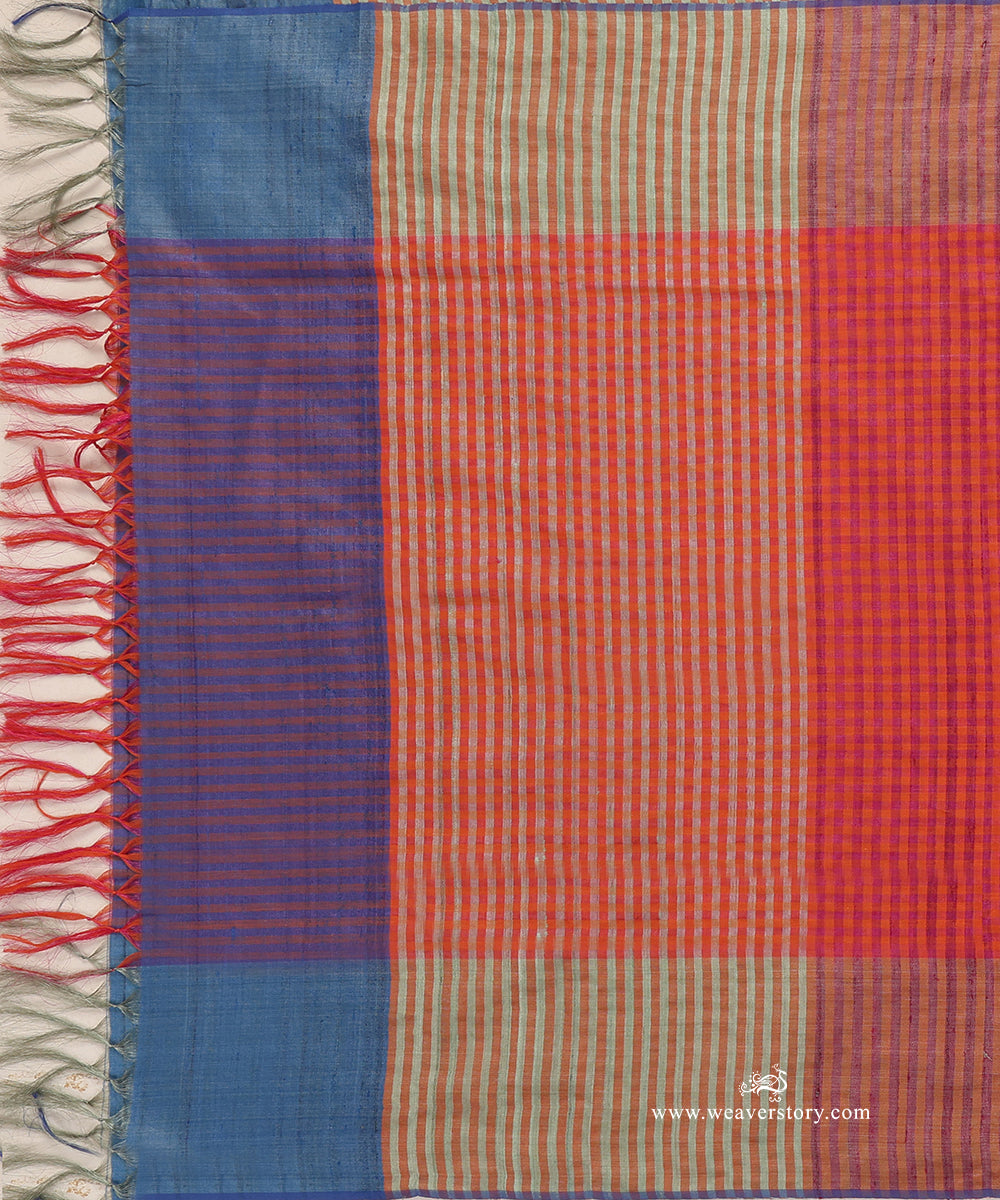 Red_And_Blue_Handloom_Check_Stripe_Pure_Tussar_Silk_Stole_WeaverStory_02