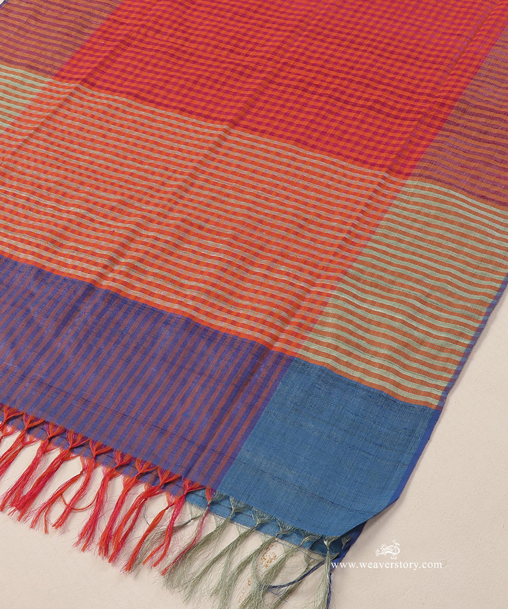 Red_And_Blue_Handloom_Check_Stripe_Pure_Tussar_Silk_Stole_WeaverStory_03