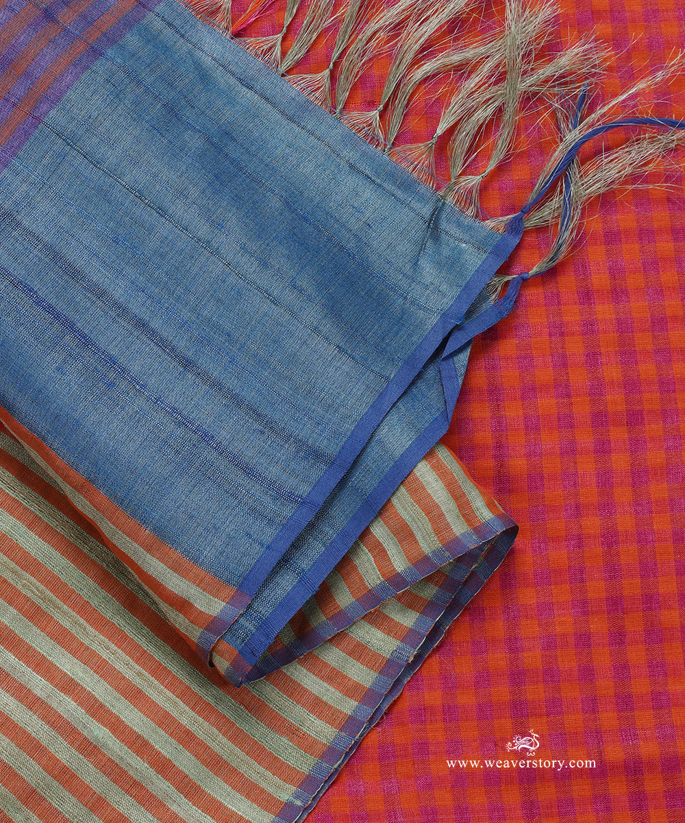 Red_And_Blue_Handloom_Check_Stripe_Pure_Tussar_Silk_Stole_WeaverStory_04
