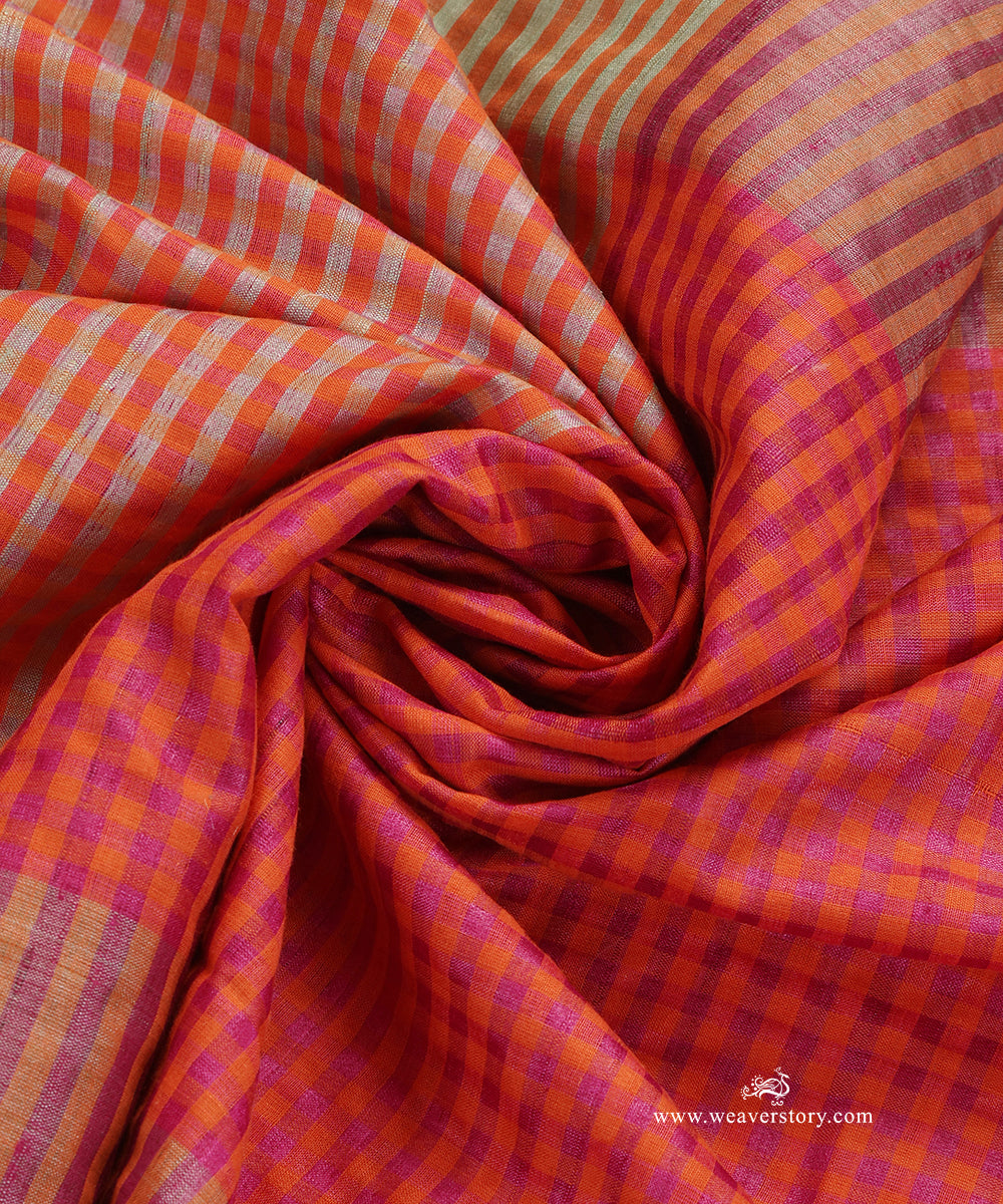 Red_And_Blue_Handloom_Check_Stripe_Pure_Tussar_Silk_Stole_WeaverStory_05