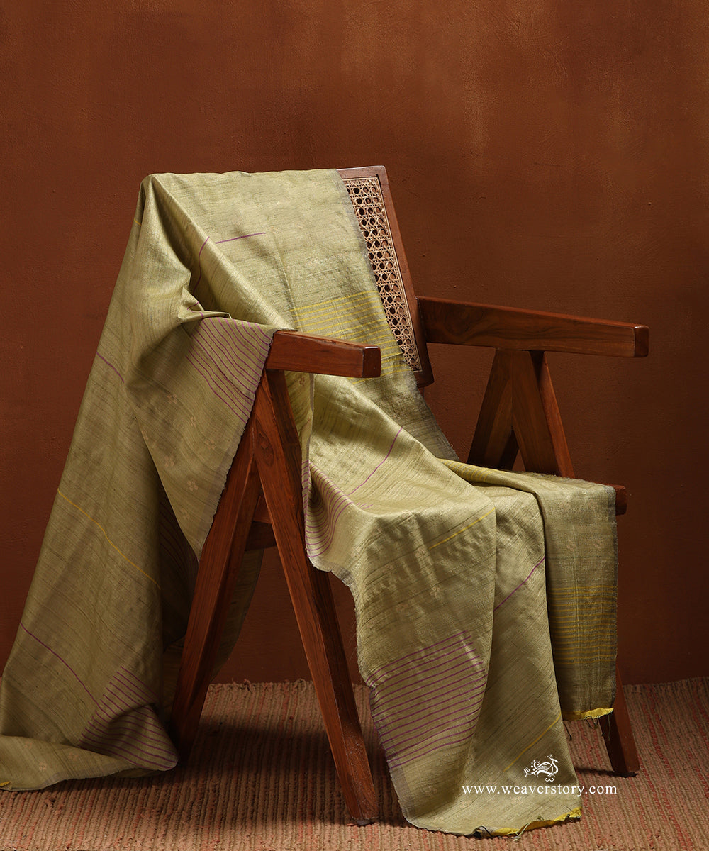 Pista_Green_Handloom_Pure_Tussar_Silk_Dupatta_With_Pink_And_Yellow_Thread_Lines_WeaverStory_01