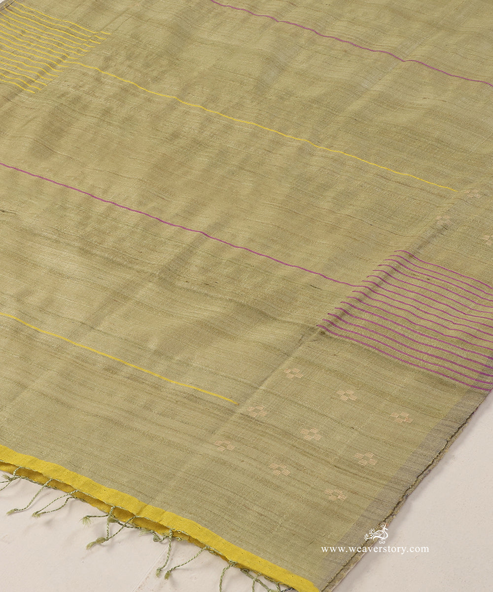 Pista_Green_Handloom_Pure_Tussar_Silk_Dupatta_With_Pink_And_Yellow_Thread_Lines_WeaverStory_03