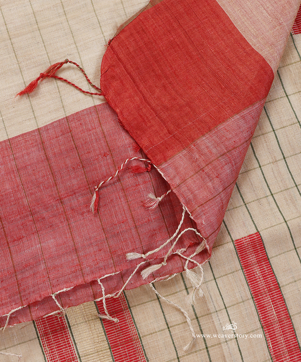 Beige_And_Red_Handloom_Check_Pure_Tussar_Silk_Dupatta_WeaverStory_04