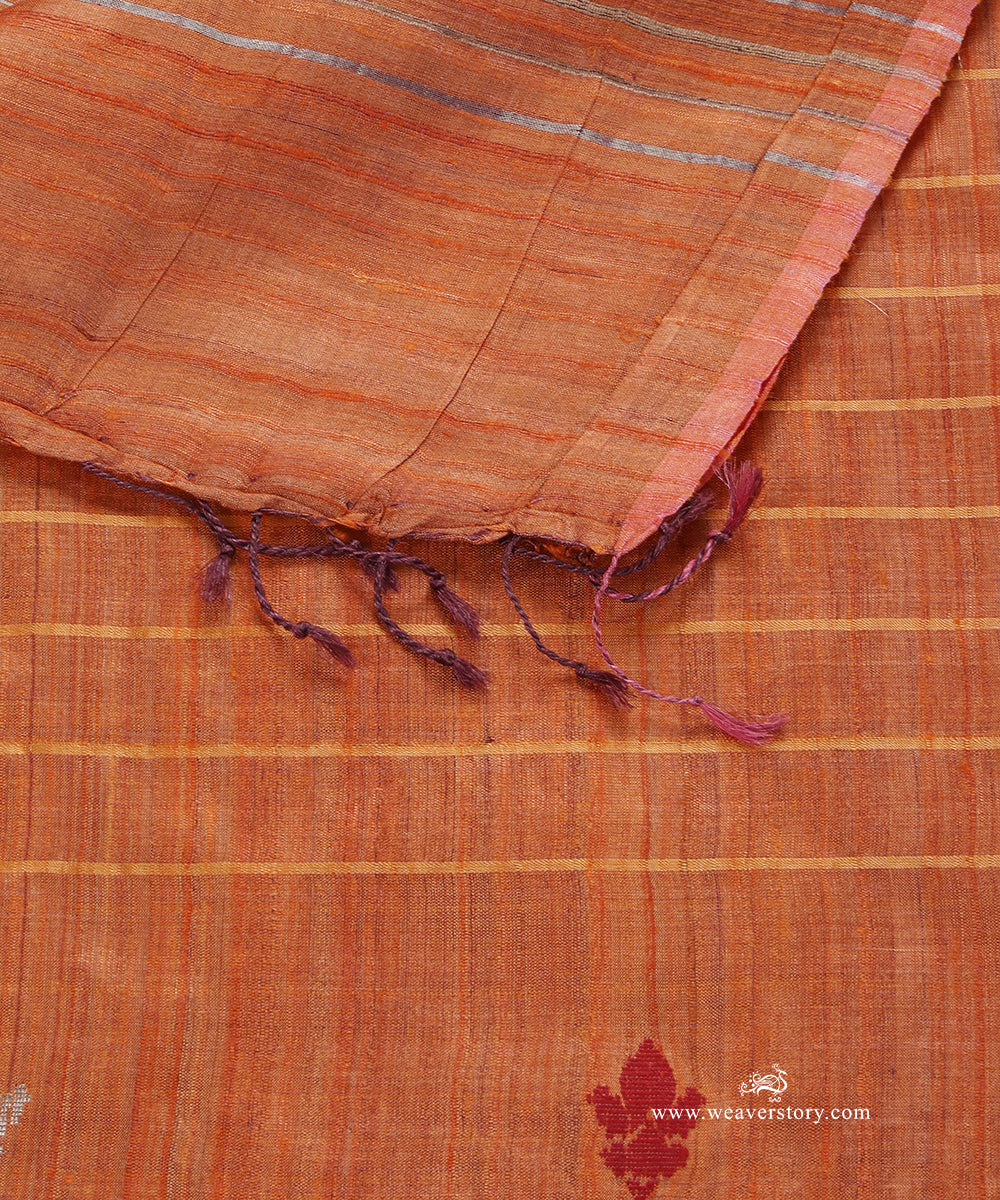 Rust_Orange_Handloom_Pure_Tussar_Silk_Dupatta_With_Flower_Motif_WeaverStory_04