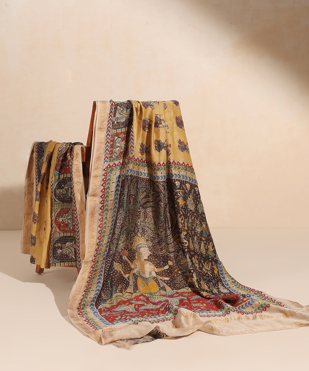 Beige Handloom Pure Cotton Chanderi Mata-Ni-Pachedi Saree With Hand Printed Vishnu Ji On Pallu